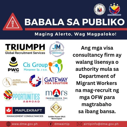 Offering Filipinos jobs abroad without a license from the Department of Migrant Workers is ILLEGAL.